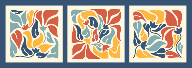Floral composition. Abstract botanical elements. Modern trendy minimal style. Square poster set. Vector floral arrangements.