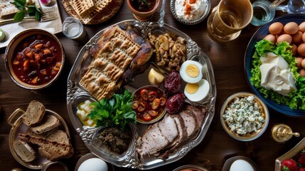 The table is adorned with a traditional Seder plate overflowing with symbolic foods: matzah, charoset, maror, shank bone, and a roasted egg,celebration concept (jewish Passover holiday) - 782652027