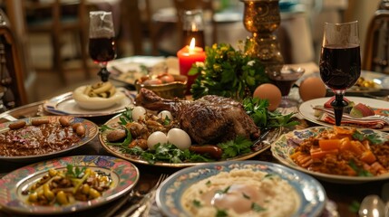 The table is adorned with a traditional Seder plate overflowing with symbolic foods: matzah, charoset, maror, shank bone, and a roasted egg,celebration concept (jewish Passover holiday) - 782652034