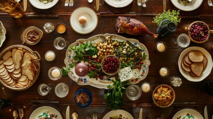 The table is adorned with a traditional Seder plate overflowing with symbolic foods: matzah, charoset, maror, shank bone, and a roasted egg,celebration concept (jewish Passover holiday)