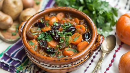 A stew often containing carrots, prunes, and other vegetables,symbolizing the Jewish New Yea - 782652233