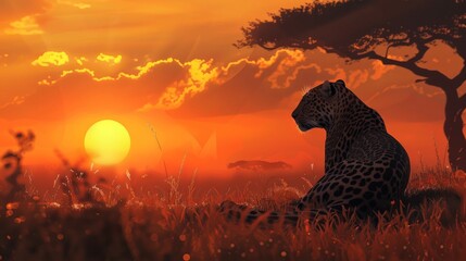 the tranquility of a male leopard's evening repose, its silhouette outlined against the radiant...