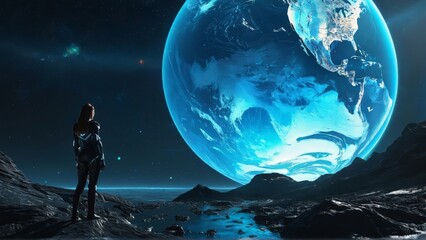 A blue marble with continents and oceans hangs in the vast darkness of space, bathed in sunlight