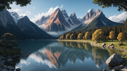Obraz premium Breathtaking mountain lake reflects snow-capped peaks in a scenic state park landscape