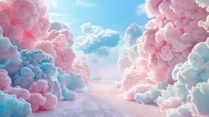 As if painted by a cotton candy artist the stage is surrounded by a sea of soft clouds in delicate shades of pastel blue and pink. . . - obrazy, fototapety, plakaty
