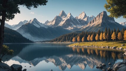 Obraz premium Scenic mountain lake reflects snow-capped peaks under a dramatic summer sky