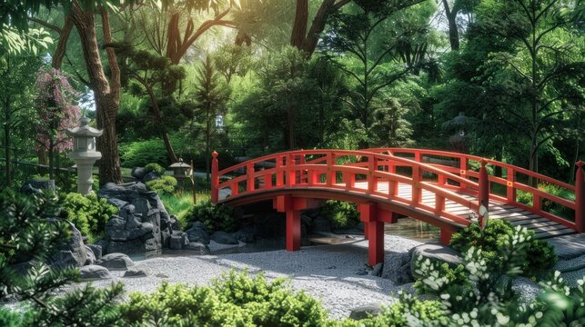 park with beautiful red bridge.AI generated image