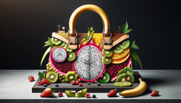An image of a luxury handbag designed using vibrant slices of fruit - Generative AI