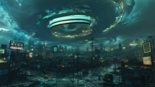 A sprawling futuristic cityscape under a stormy sky, dominated by a massive floating structure emitting a greenish glow. 