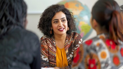 An image of an interpreter talking to a group of people from different cultures with a globe in the background symbolizing the world coming together through her language skills and .