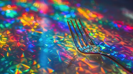Fork resting on colorful holographic background with vibrant, reflective rainbow patterns - obrazy, fototapety, plakaty