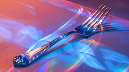 Metallic fork with colorful reflections and shadows on smooth surface under artistic lighting