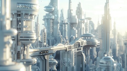 Futuristic cityscape with towering skyscrapers and interconnected bridges under clear sky - obrazy, fototapety, plakaty