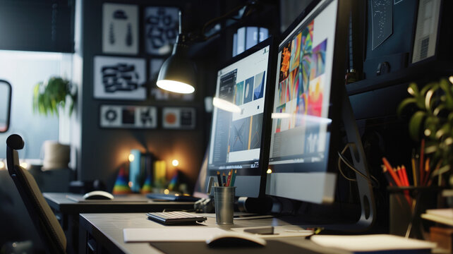 Modern workspace with dual monitors displaying graphics, desk lamp, and plant decorations