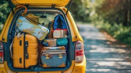 Yellow car trunk open, filled with travel bags, map, and outdoor gear on sunlit road