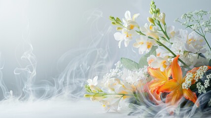 A composition of vibrant flowers enveloped by delicate smoke against a soft gray background