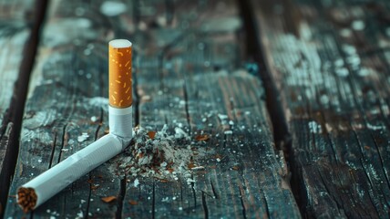 Single cigarette with filter is placed upright on wooden surface ash around it - obrazy, fototapety, plakaty