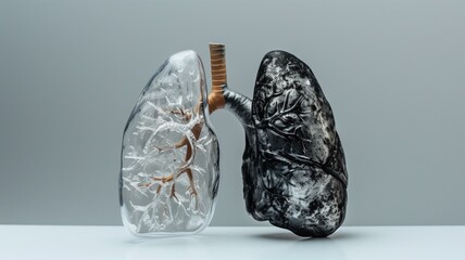 Conceptual image showcasing pair of lungs, one clear and healthy, other dark damaged, connected by bronchial tube - obrazy, fototapety, plakaty