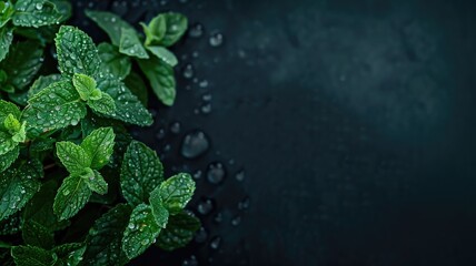Fresh mint leaves with water droplets on dark background - obrazy, fototapety, plakaty