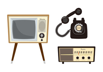 レトロなテレビと電話とラジオ