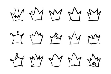 Doodle set crown line art, vector illustration.