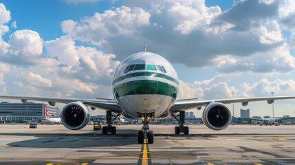 In a bustling airport the smell of jet fuel is rep by the distinct scent of biofuel as a passenger jet prepares for takeoff. The green and white stripes on its exterior symbolize the . - obrazy, fototapety, plakaty