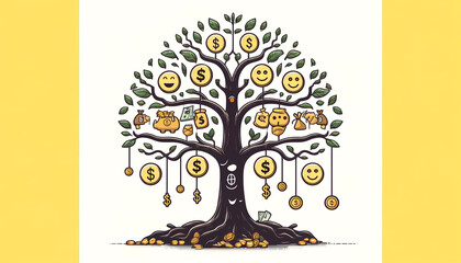 Clipart Illustration: Tree of Life with Currency and Smiles - obrazy, fototapety, plakaty
