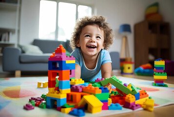 A happy child playing with colorful building blocks