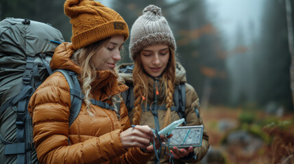 Two smiling young female friends in outdoor gear checking their gps during a break from their hike in a forest. - Powered by Adobe