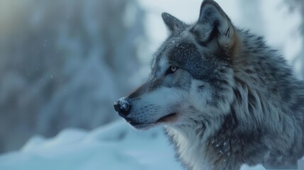 Obraz premium a majestic grey wolf, its fur bristling with vitality as it surveys its domain, a moment frozen in time by an HD camera