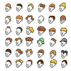 線画の様々な男性の顔のセットアイコン　手描き　ヘアスタイル