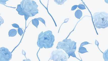 Floral seamless pattern, pastel blue roses on light grey background - obrazy, fototapety, plakaty