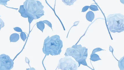 Foto op Plexiglas Floral seamless pattern, pastel blue roses on light grey background © momosama