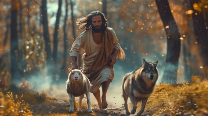 a unique portrayal of a man, running towards a scene where a wolf and a lamb stand together,...