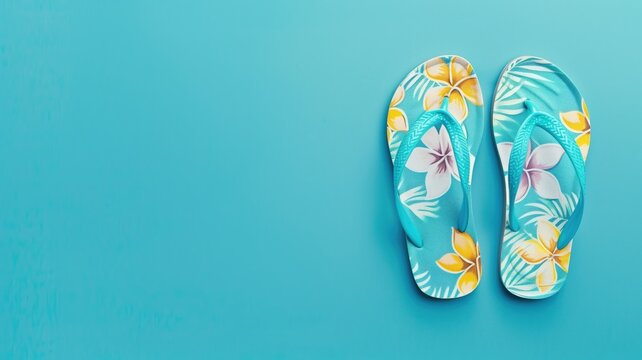 A pair of floral print flip-flops on a blue background