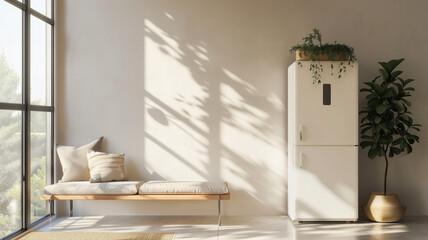 Modern minimalist interior with bench, fridge, and indoor plant by large window sunlight casting shadows on wall