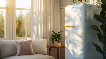 Cozy home interior with vintage fridge, sofa, plant, and sunlight streaming through window