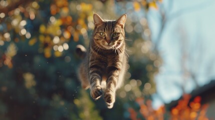 a tabby cat jumps mid-air with an amusing expression, inviting laughter against a backdrop designed for creative additions