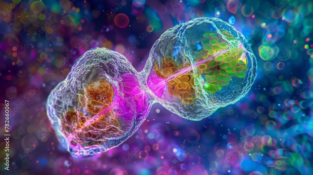 Poster a colorful image of a euglenoid cell undergoing division with its nucleus and chloroplasts dividing 