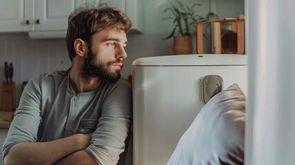 Fototapeta premium Man with beard looking thoughtfully into open fridge in kitchen setting