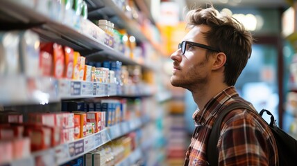 Young man with glasses browsing products on grocery store shelves