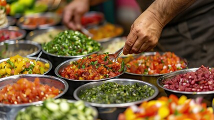 Obraz premium Person serving variety of colorful, fresh salads on display in metal bowls at food market