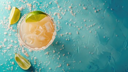 A refreshing citrus cocktail with ice and lime on a blue background