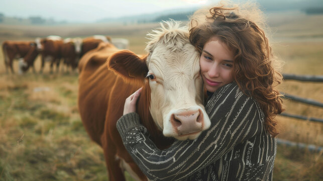 Woman hugging Simmental cow on an eco-friendly farm.	