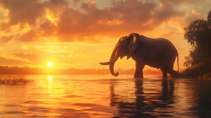 Majestic elephant silhouetted against a breathtaking sunset background, its massive form highlighted by the warm hues of the sky  - Powered by Adobe