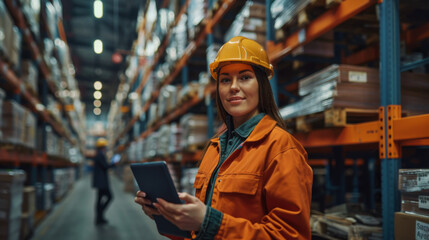 Two warehouse workers using a digital tablet while recording inventory. Logistics employees working with warehouse management software in a large distribution centre.