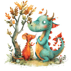 Brave dragon and playful mouse sitting together in a grassy field, forming an unlikely friendship in a whimsical forest setting Isolated on transparent - obrazy, fototapety, plakaty