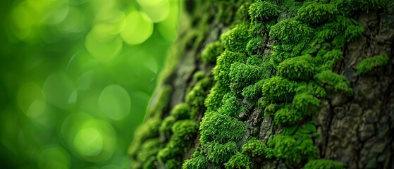 Moss covered tree trunk, close up, lush green, detailed texture, natural lighting