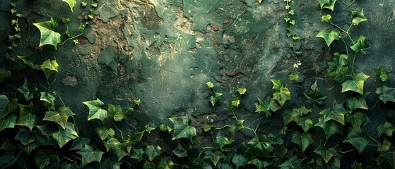 Ivy leaves on wall, close up, lush green, detailed textures, soft light