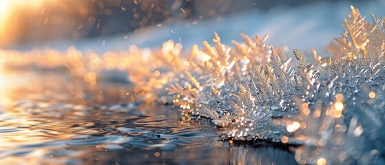 Ice crystals on river edge, close up, winter morning, sharp details, soft light - obrazy, fototapety, plakaty
